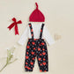 Beqeuewll Valentines Newborn Baby Boy 3Pcs Clothes Infant Long Sleeve Romper Cute Pattern Suspender Pants Overalls Outfits (Firs