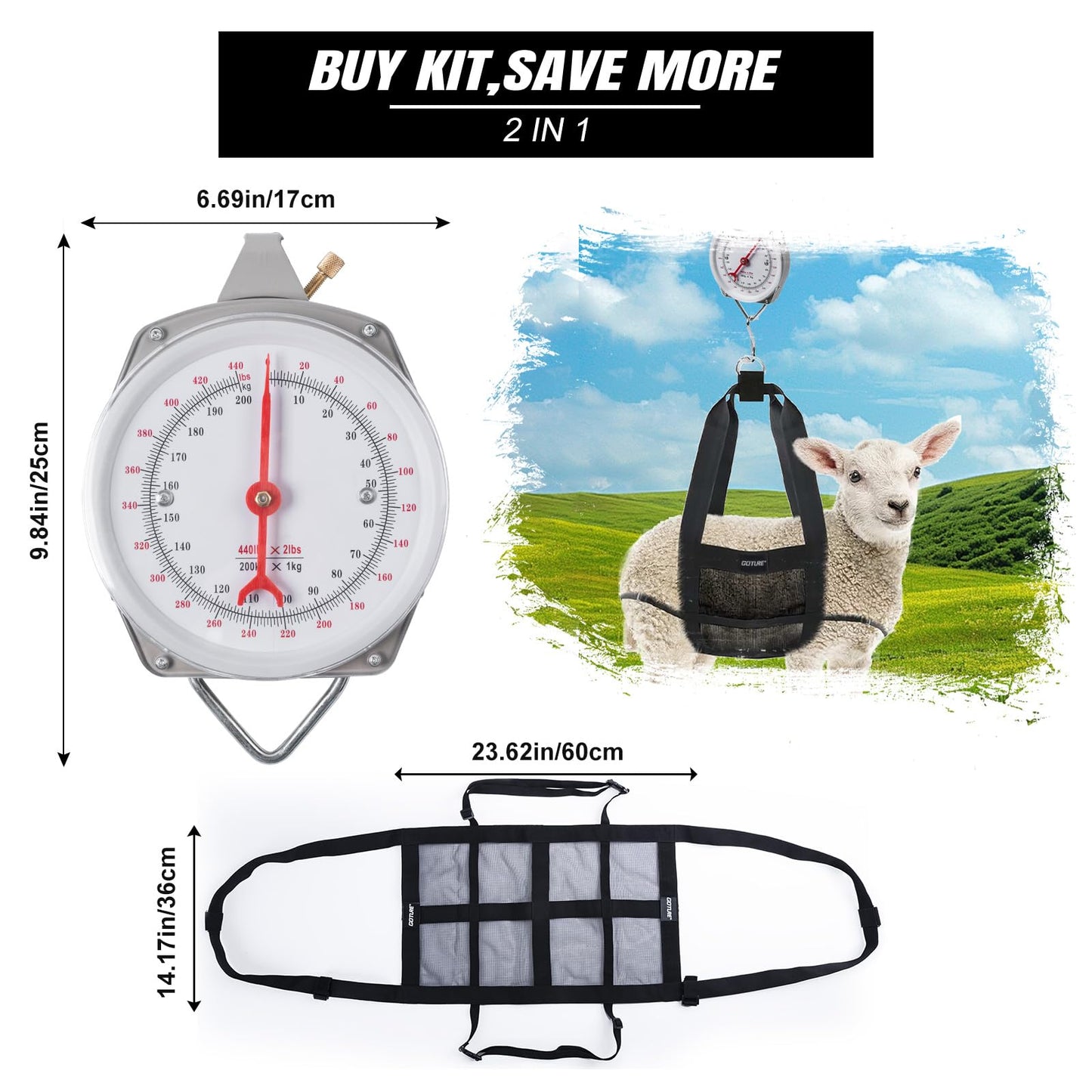 Yogayet Mechanical Hanging Scales 440Lb, Calf Sling And Hanging Weight Scale 2 In 1 Kit, Weighing Sling For Calves Lambs Goats N