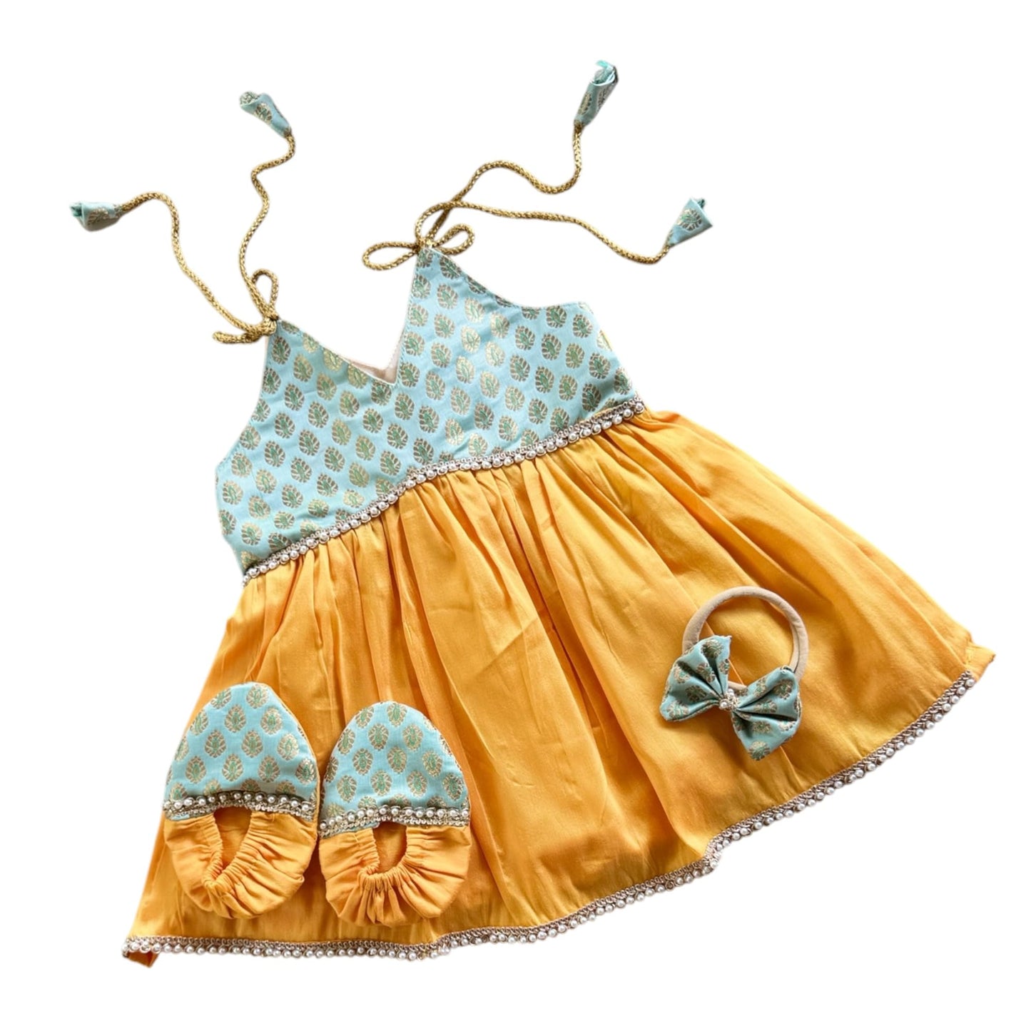 Picksparrow Baby Girl Traditional Dress/Ethnic Wear With Headband And Booties (In, Age, 0 Months, 3 Months, Yellow)