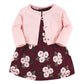 Hudson Baby Baby Girls' Cotton Dress And Cardigan Set, Burgundy Floral, 3-6 Months