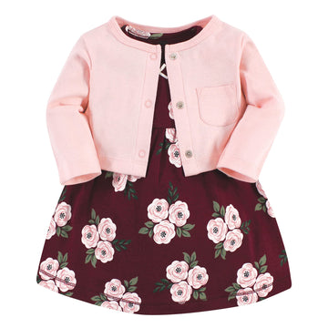 Hudson Baby Baby Girls' Cotton Dress And Cardigan Set, Burgundy Floral, 3-6 Months