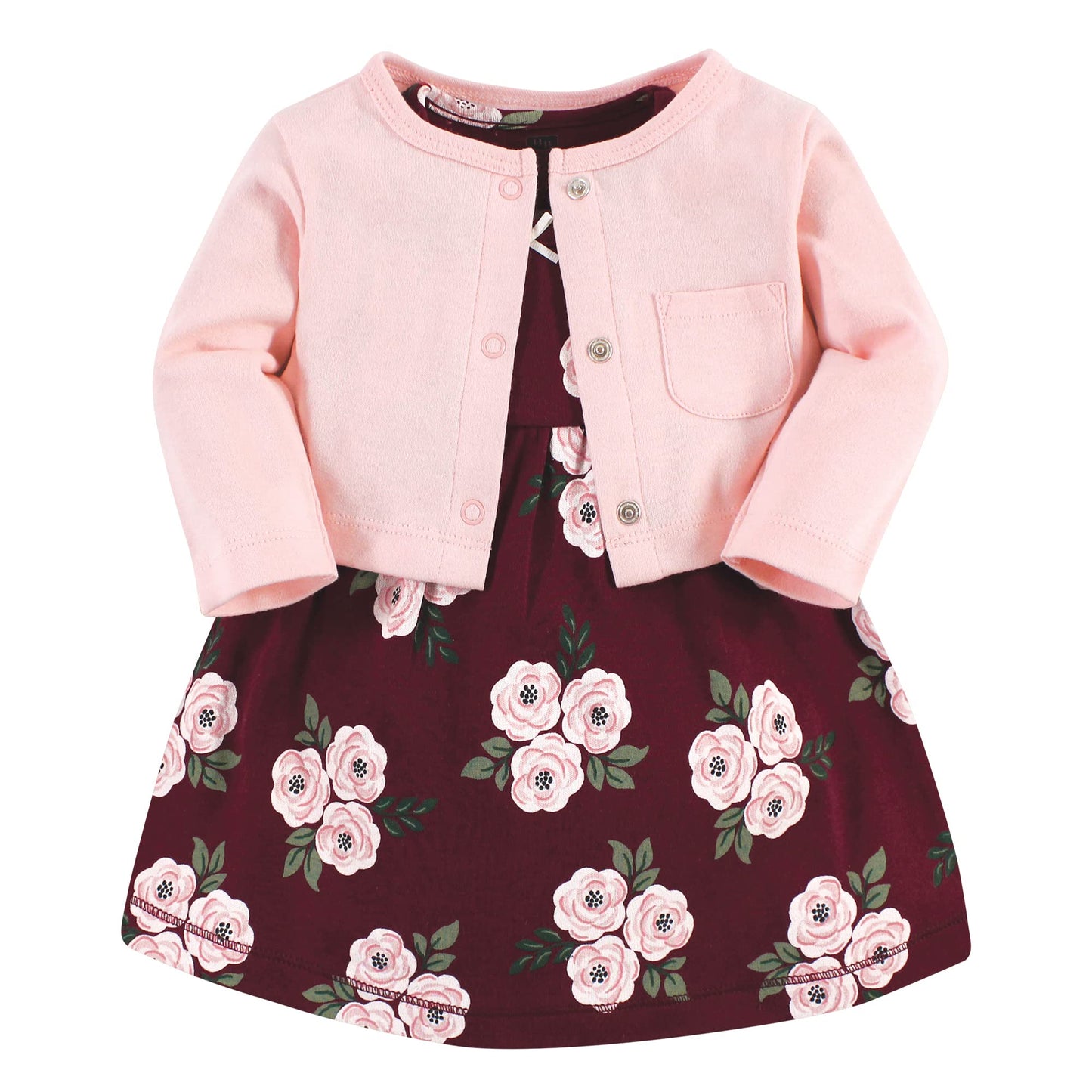 Hudson Baby Baby Girls' Cotton Dress And Cardigan Set, Burgundy Floral, 12-18 Months