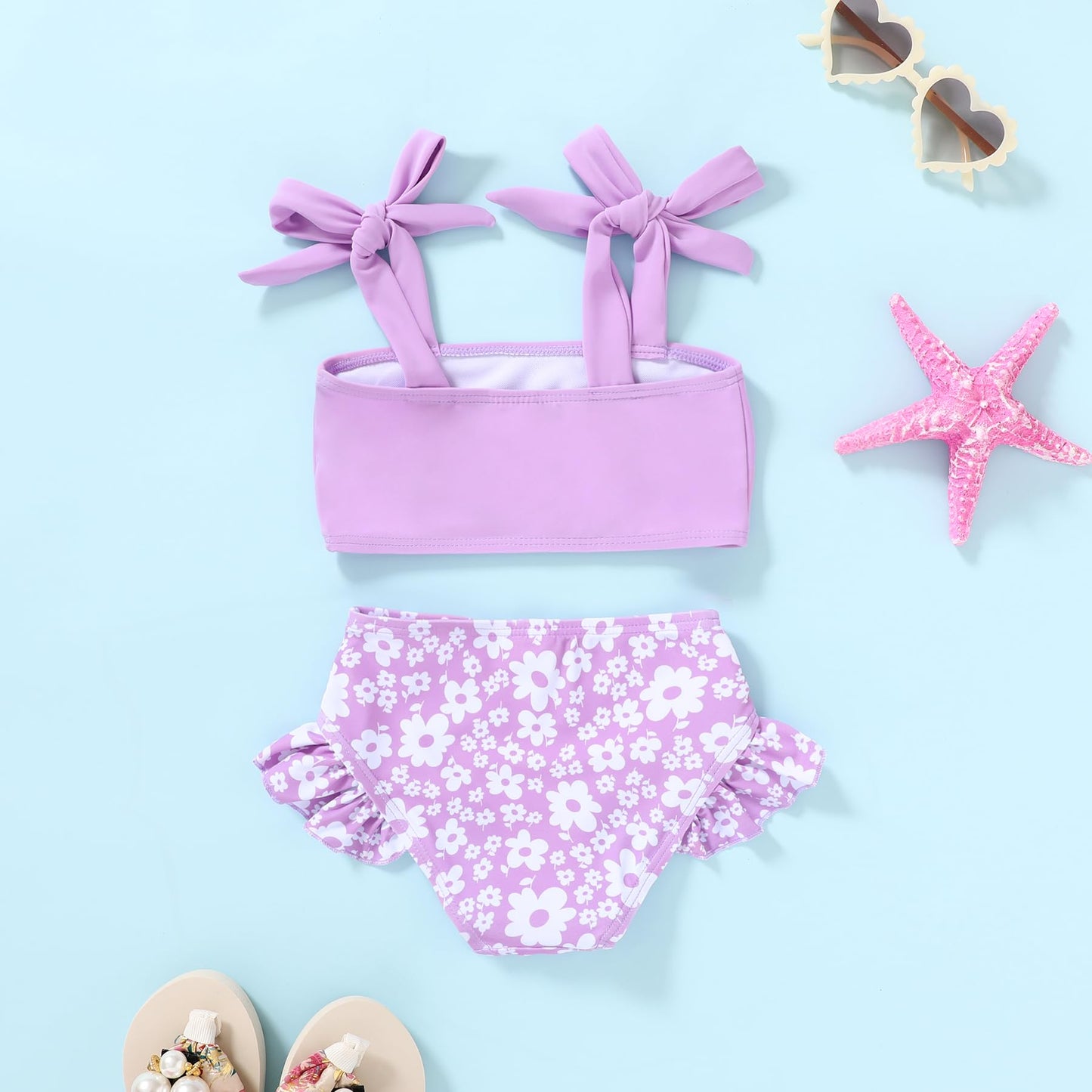 Younger Tree Toddler Girls Two Pieces Swimsuit Color Block Stripe Swimwear Summer Beach Bathing Suit 18M-5T(Purple#Flower 3-4T)