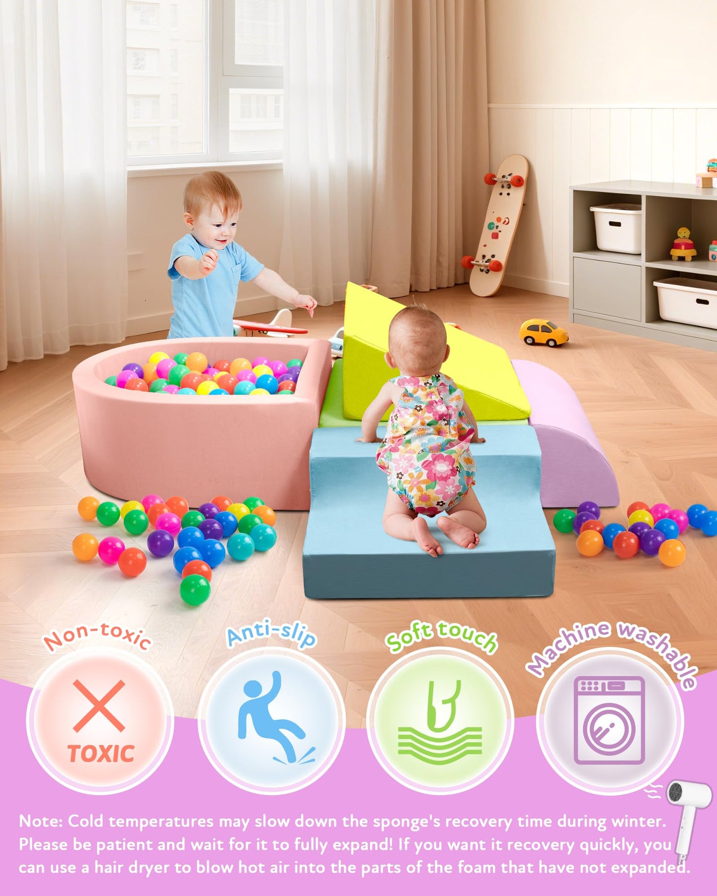 Auksay Baby Climbing Blocks, Soft Play Set for Crawling Baby 6-12 Months, Anti-Slip Particles Bottom & hook and loop Connectors,
