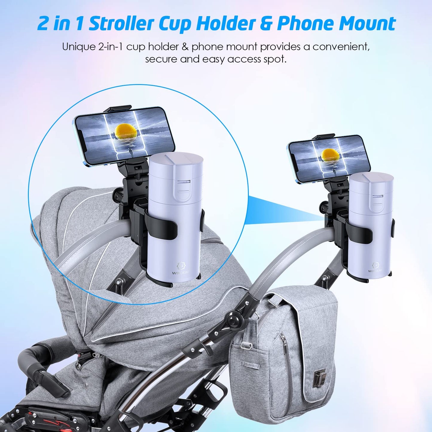 Wixgear Stroller Cup Holder With Phone Stand Holder, 2-In-1 Universal Cup Phone Holder For Stroller, Wheelchair, Walker, (With N