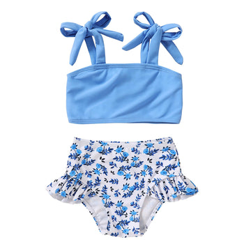 Younger Tree Toddler Girls Two Pieces Swimsuit Color Block Stripe Swimwear Summer Beach Bathing Suit (Blue#Flower 18-24 Months)