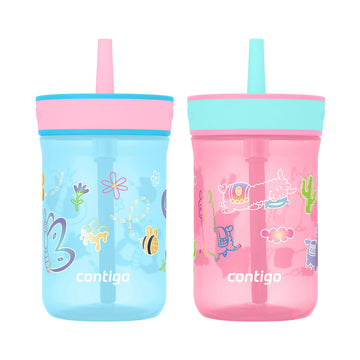 Contigo Leighton Kids Plastic Water Bottles, Spill-Proof Tumblers With Straw, Dishwasher Safe, 14Oz 2-Pack In Blue Raspberry/But