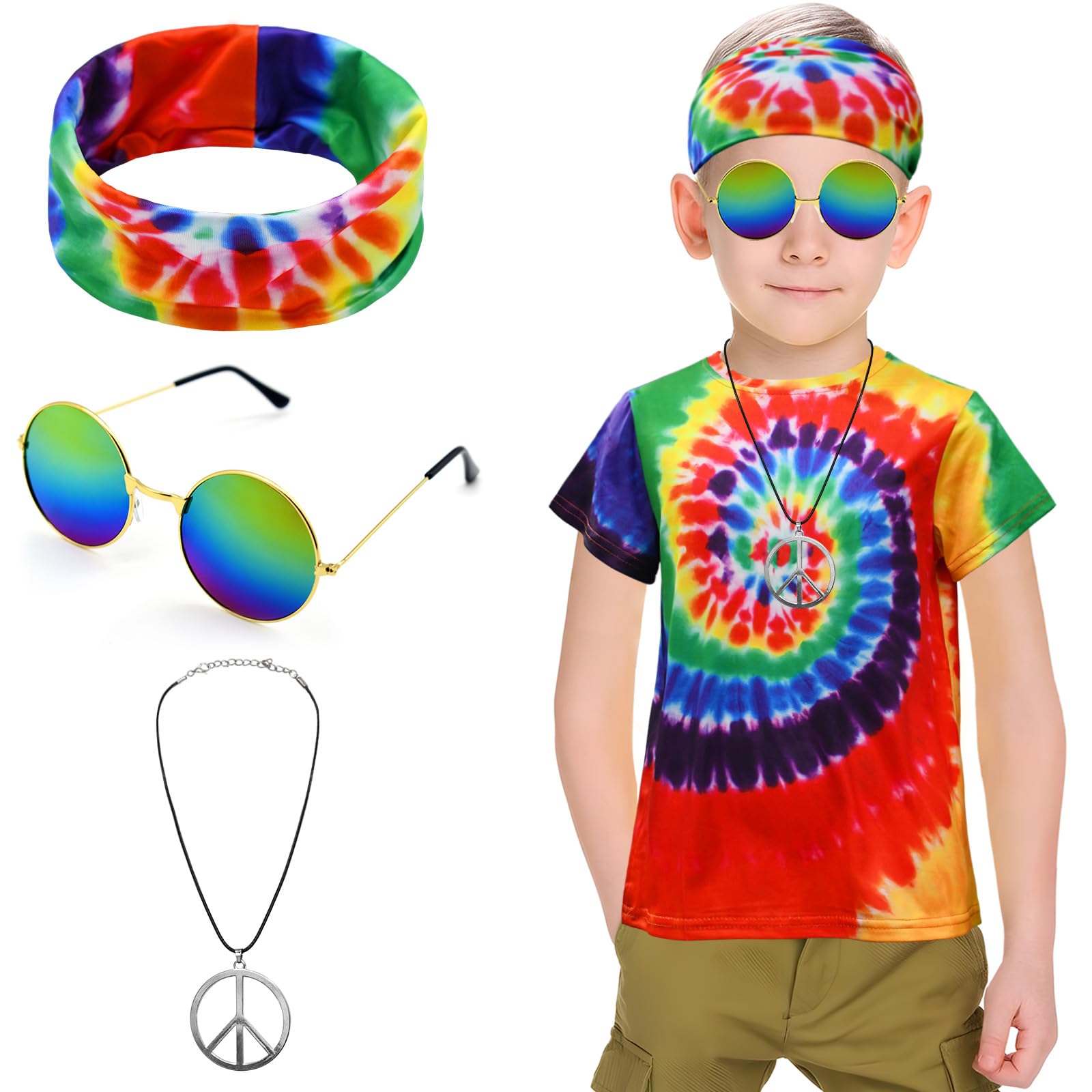 Xonyicos 4Pcs Hippie Costume For Kids Boys Girls 60S 70S Colorful Shirts Halloween Party Cosplay For 4-12Years (Rainbow Color, X
