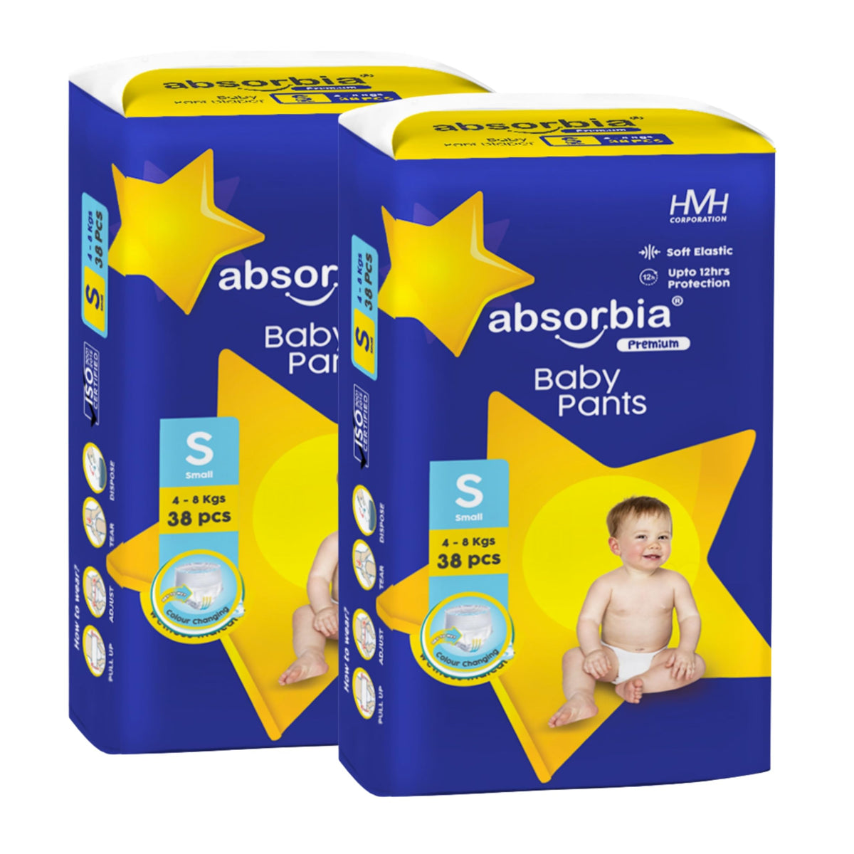 Absorbia Baby Pant Diaper Small (S) 38 Kg, 76S X Pack Of 2 | Up To 12Hrs Protection | Cottony Soft Comfort For Sensitive Skin |