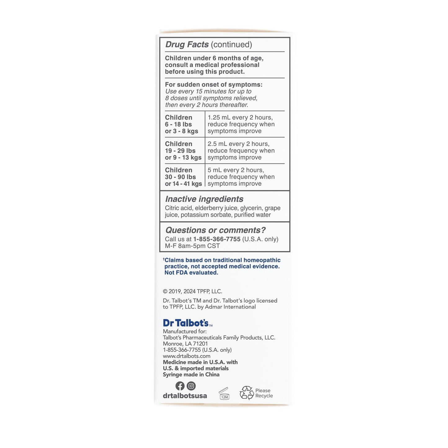 Dr. Talbot'S Infant Cough Relief, Naturally Inspired, For Infants, Includes Syringe, Elderberry Juice Flavor, 4 Fl Oz