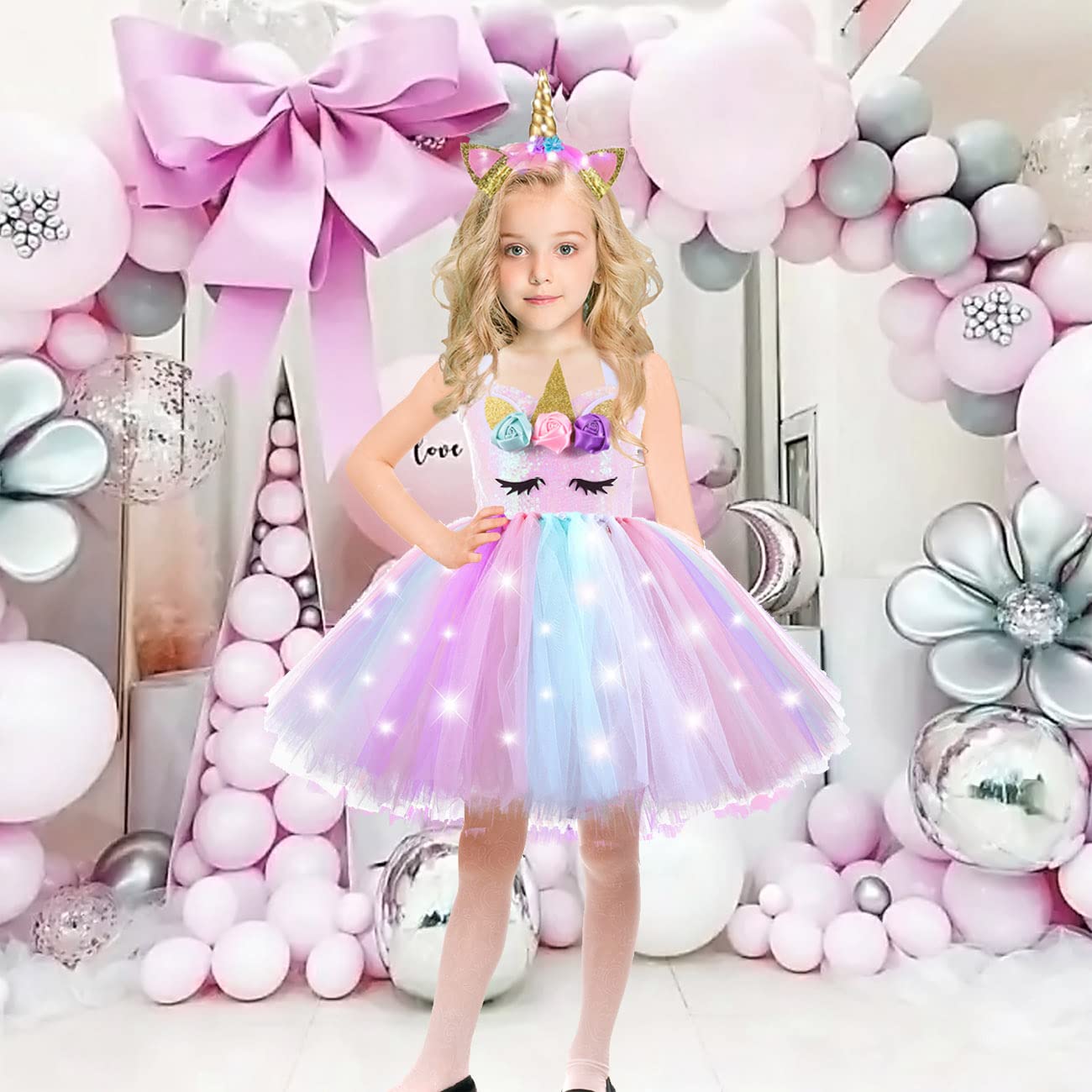 Lighted Unicorn Birthday Decorations For Girls, Led Halloween Costume Party Gifts Princess Tutu Outfits Fairy Dresses Up With He