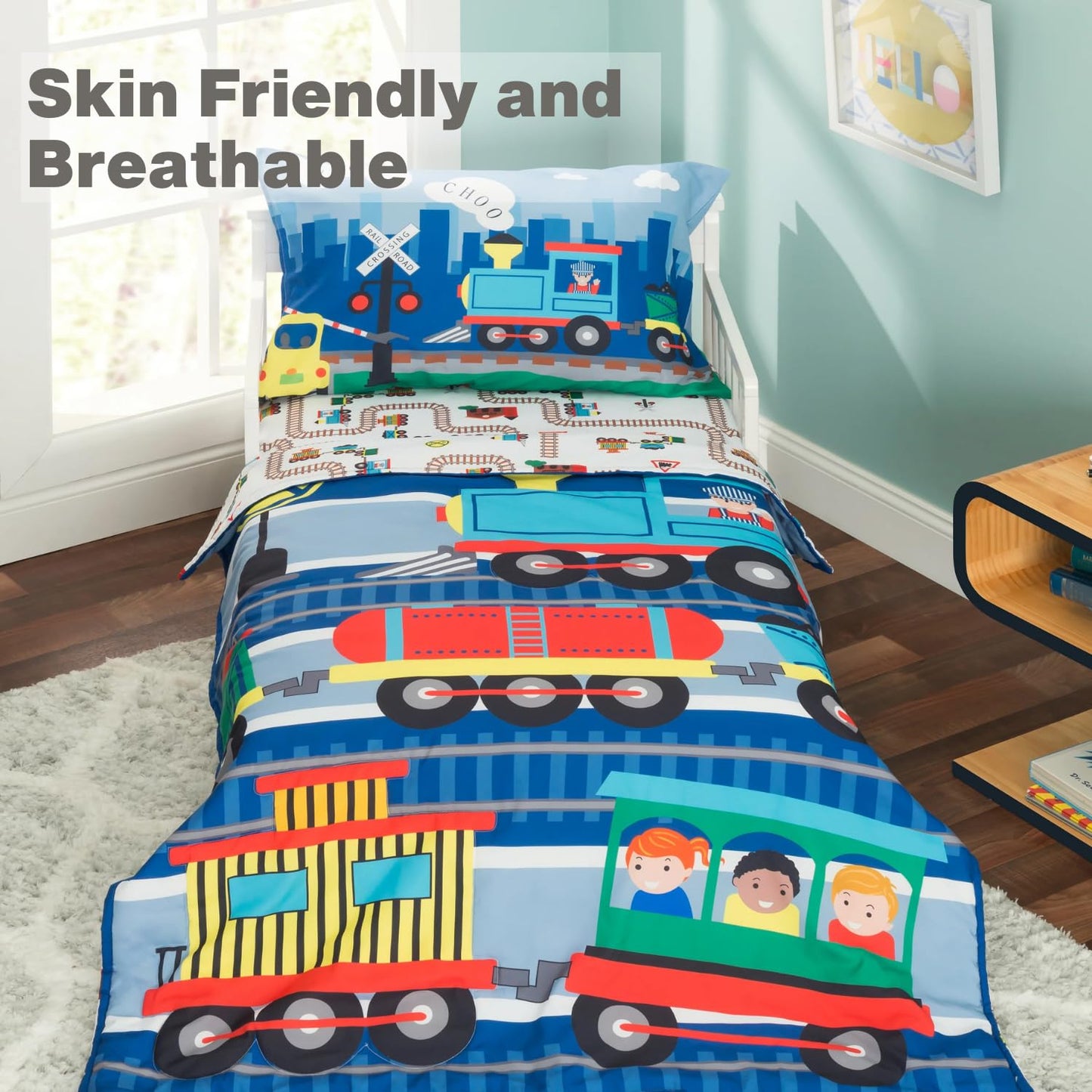 Everyday Kids 4 Piece Toddler Bedding Set -Choo Choo Train- Includes Comforter, Flat Sheet, Fitted Sheet And Reversible Pillowca
