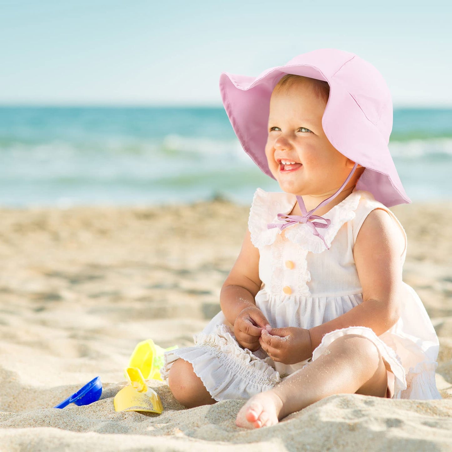 Geyoga 3 Pcs Baby Sun Hat Summer Beach Hat Outdoor Adjustable Floppy Hat With Protection Wide Brim For Boy And Girl(Blue, White,