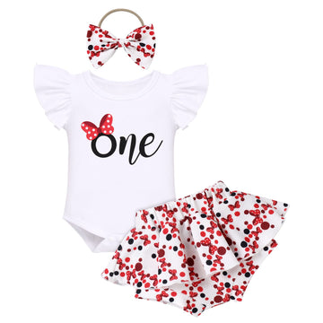 Mouse 1St Birthday Outfit Baby Girl Ruffle Sleeve Romper Polka Dots Mini Tutu Shorts Headband I