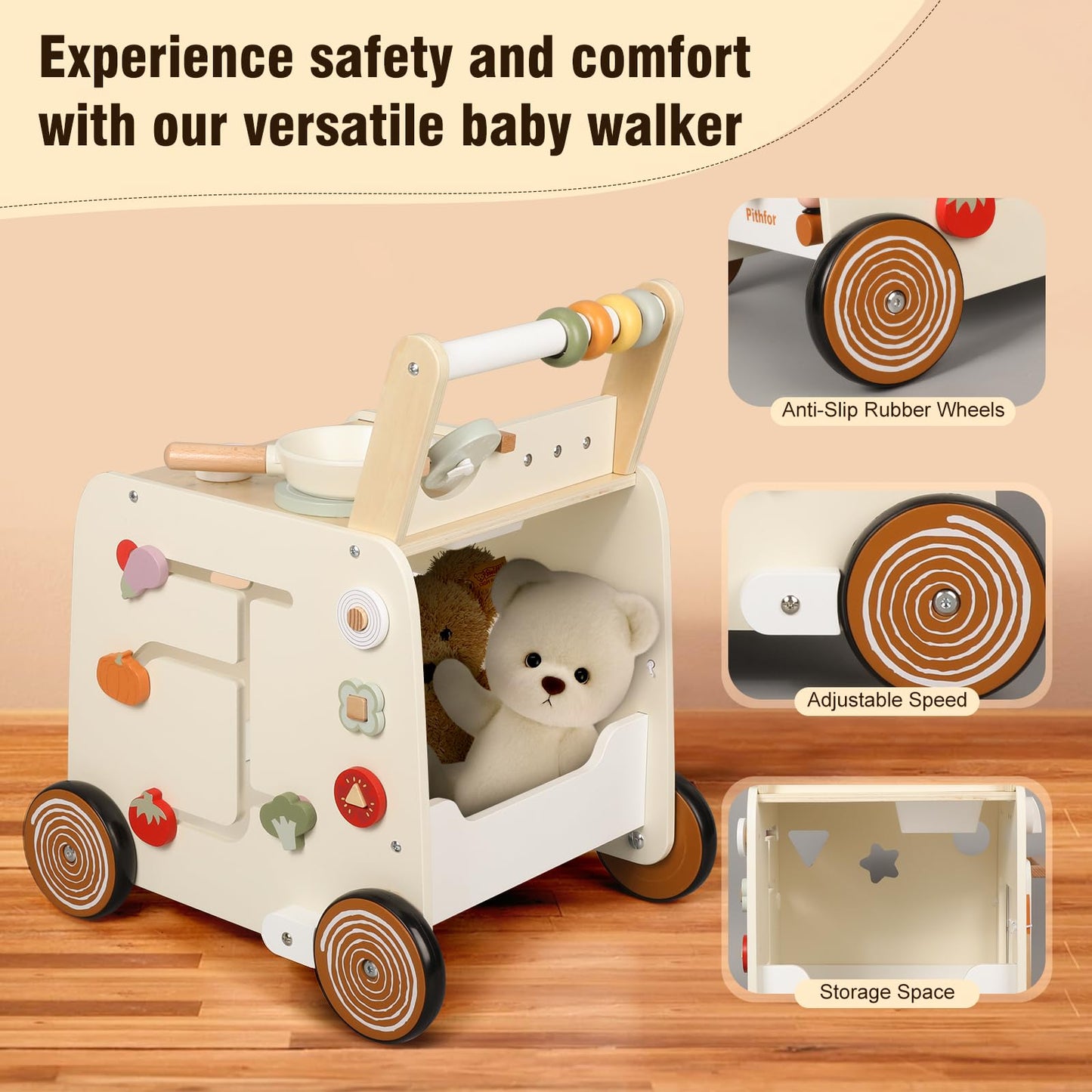 Pithfor Wooden Baby Walker, 3-in-1 Baby Push Walker, with Pretend Kitchen, Montessori Sensory Activity Center, Push Walker Toys