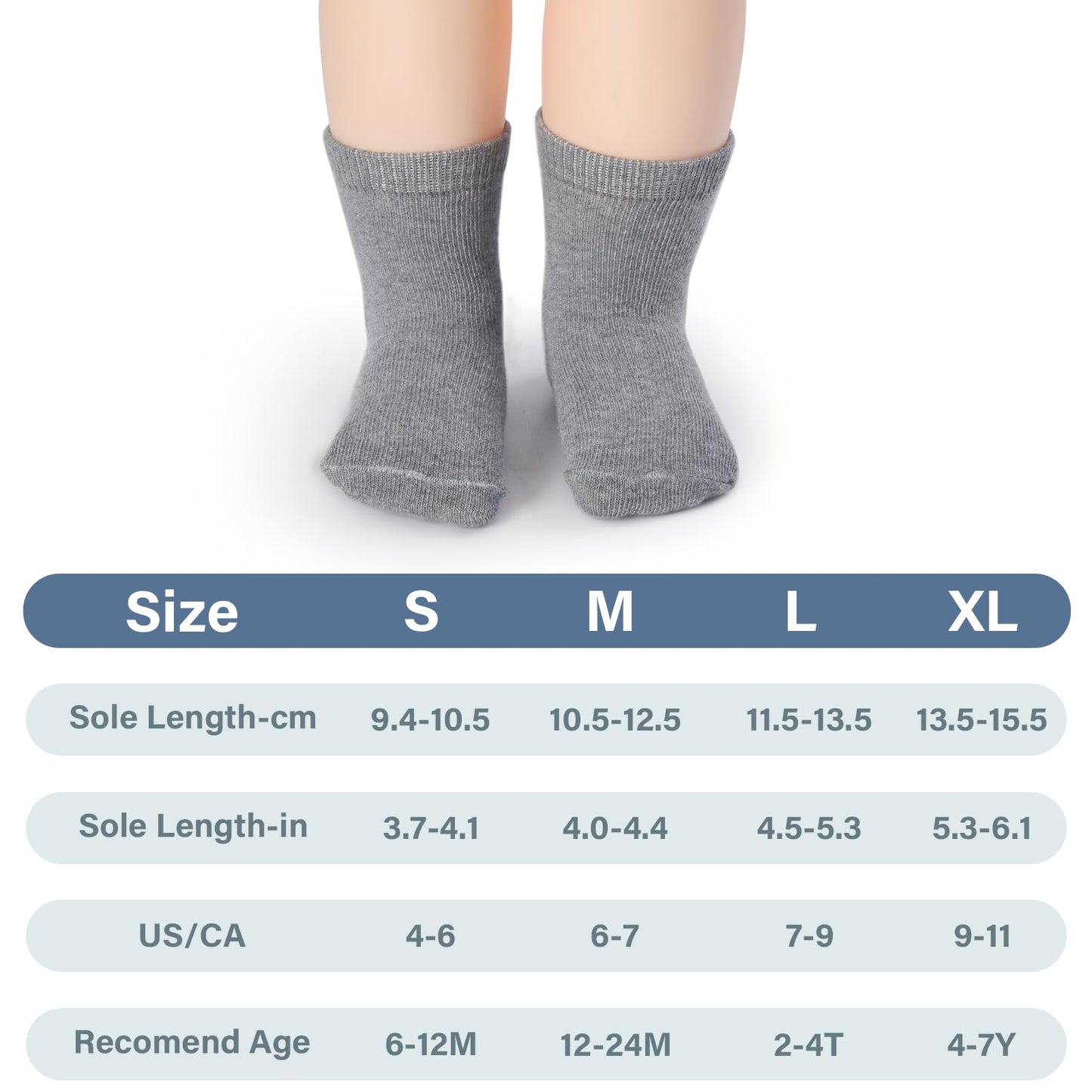 Jakidar 12 Pairs Baby Socks Cotton Crew Toddler Socks Grips Non Slip Bottom Kids Socks, Gray 12-24M