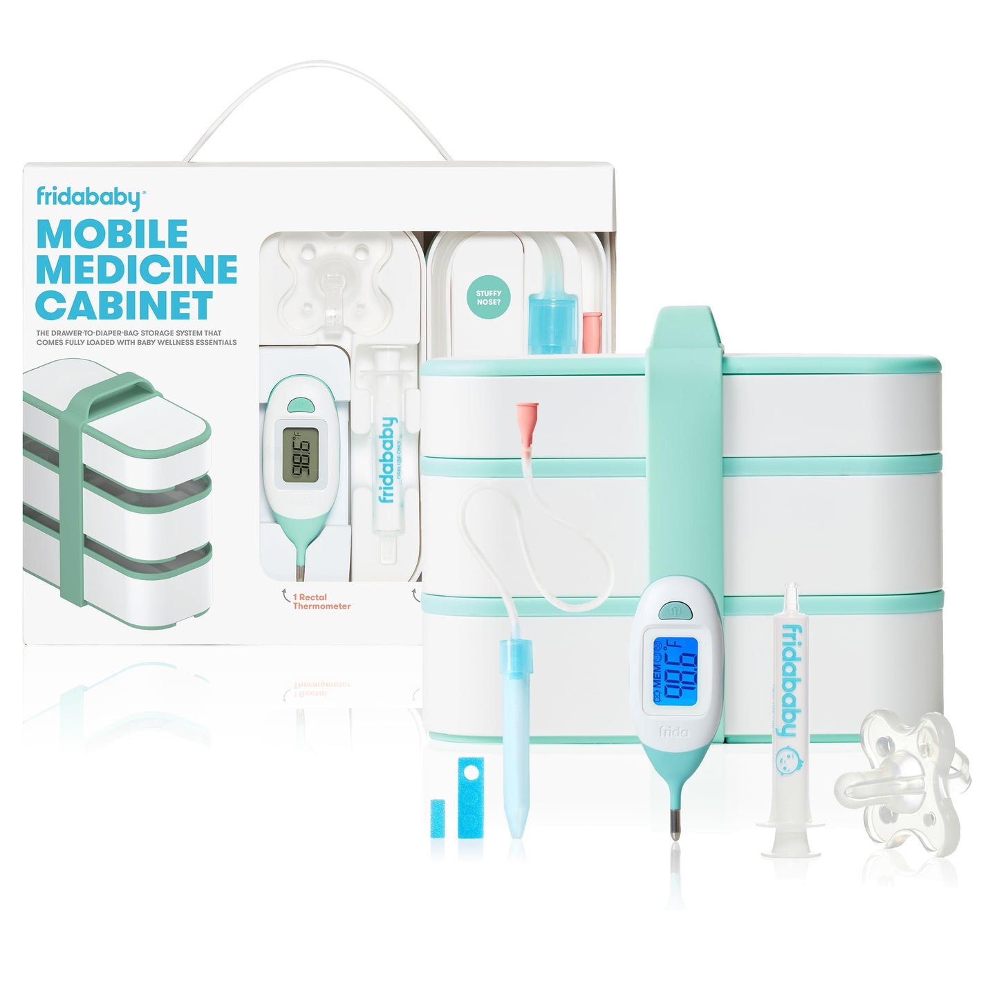 Frida Baby Mobile Medicine Cabinet Travel Kit | Baby Essentials Gift Set Includes NoseFrida Snotsucker, Rectal Thermometer, Medi
