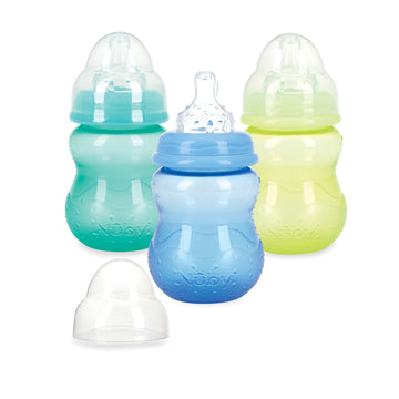 Nuby Wide Neck Non-Drip Bottle - Baby Bottles With Anti-Colic Vari-Flo Valve - (3-Pack) 8 Oz - 0+ Months - Yellow, Blue, Green