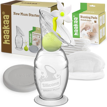 Haakaa Silicone Breast Pump Manual Breast Pump With Suction Base, Flower Stopper And Silicone Lid(5Oz/150Ml) (White) +Disposable