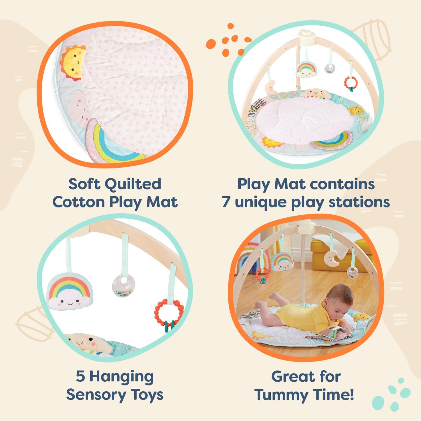 B. Baby - Wooden Baby Gym - Soft Play Mat - 5 Hanging Sensory Toys - Developmental Activities - Newborn - Sunrise To Sunset Play