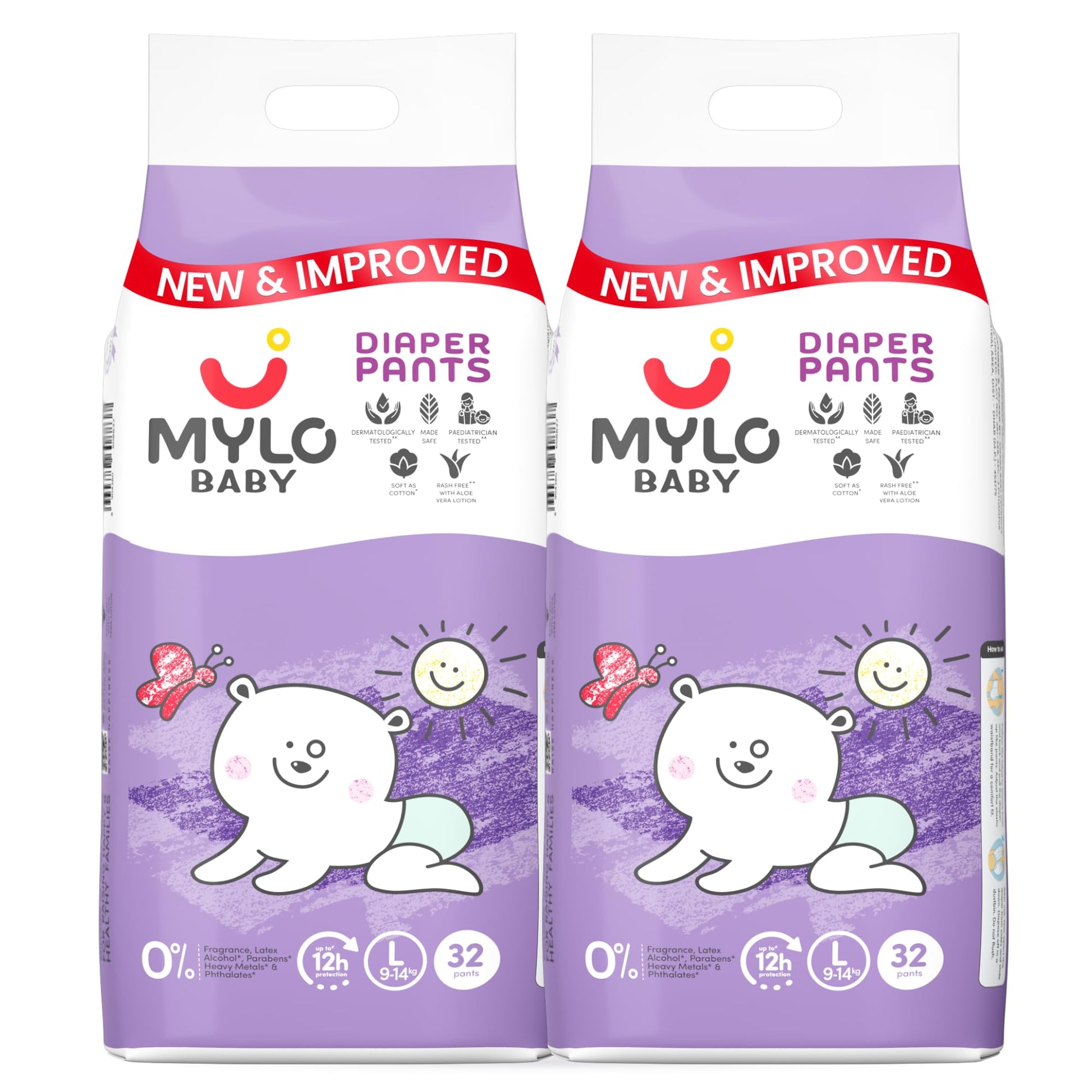 Mylo Baby Diaper Pants Large (L) Size 914 Kgs (64 Count) Leak Proof | Lightweight | Rash Free | Upto 12 Hours Protection | Adl 