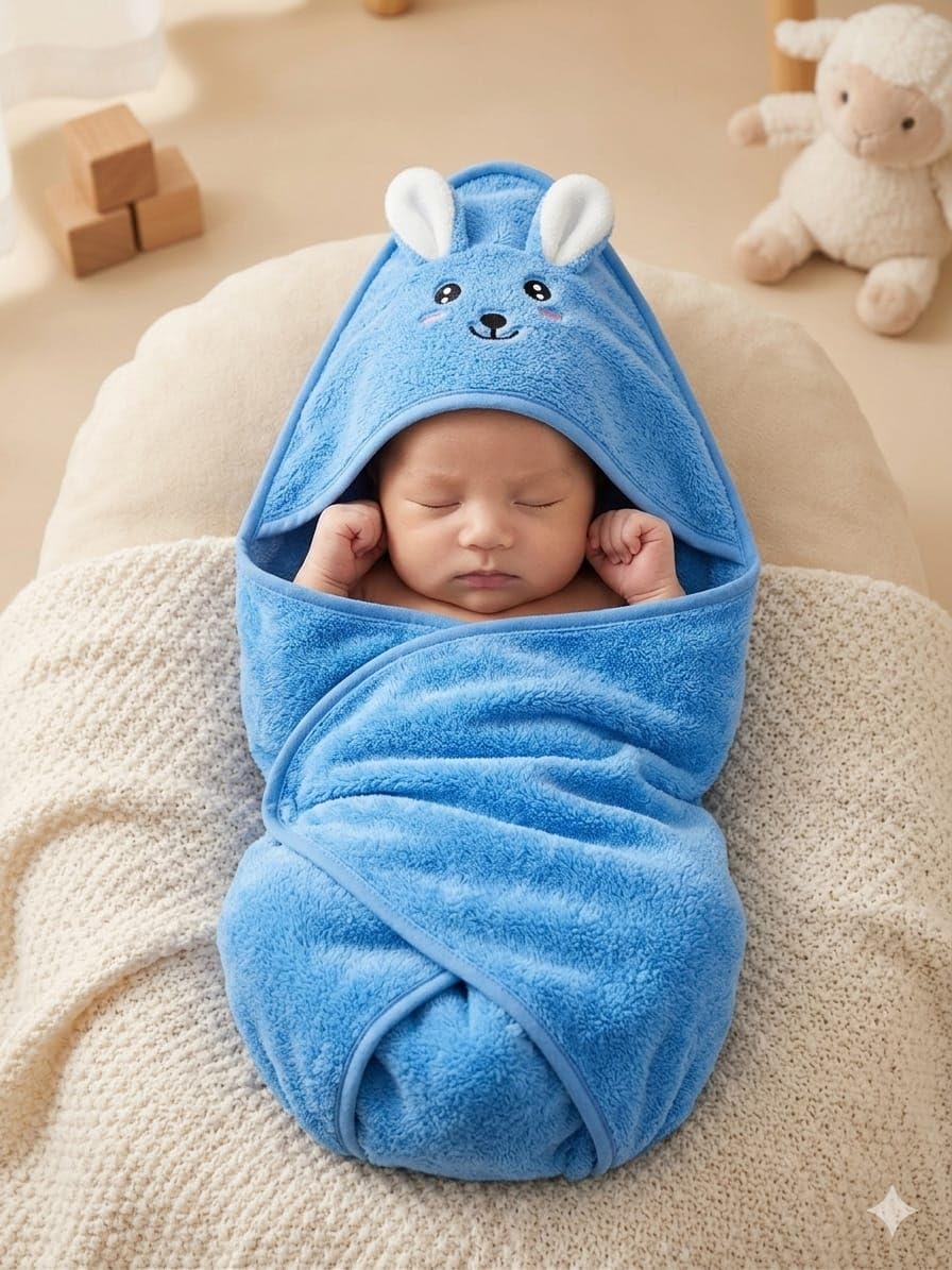 Baby Blanket Newborn Hooded Flannel Baby Wrapper Cum Baby Crib Blanket for Baby Boys and Baby Girls (Blue)