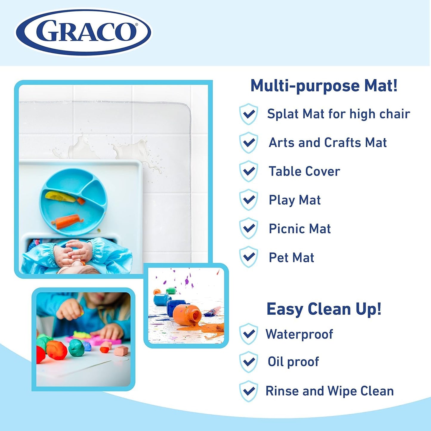 Graco Under High Chair Mat - Waterproof & Washable Plastic Food/Spill Catcher - 50' Eating, Painting & Art Floor Cover, Clear (