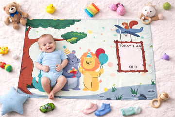 Growth Keepsake Baby Blanket 51 * 43 Inch Jungle Theme Monthly Age Marker Blanket Cute Animal Party Printed Background Washable 