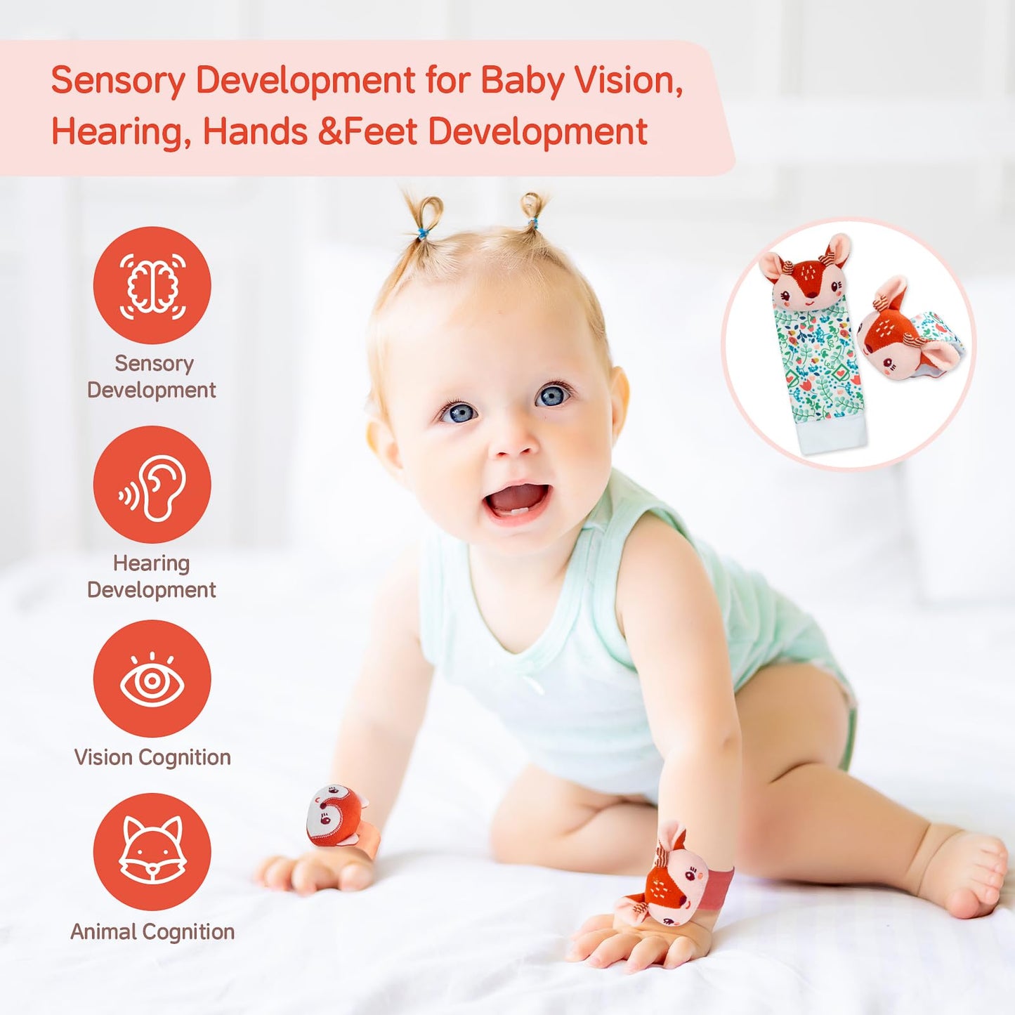 PADONISE Lovely Animal Wrist Rattles & Sock Toy for Baby Infant 0-6 6-12 Month Old Newborn Soft Toy Hand and Foot Finder Girl Bo