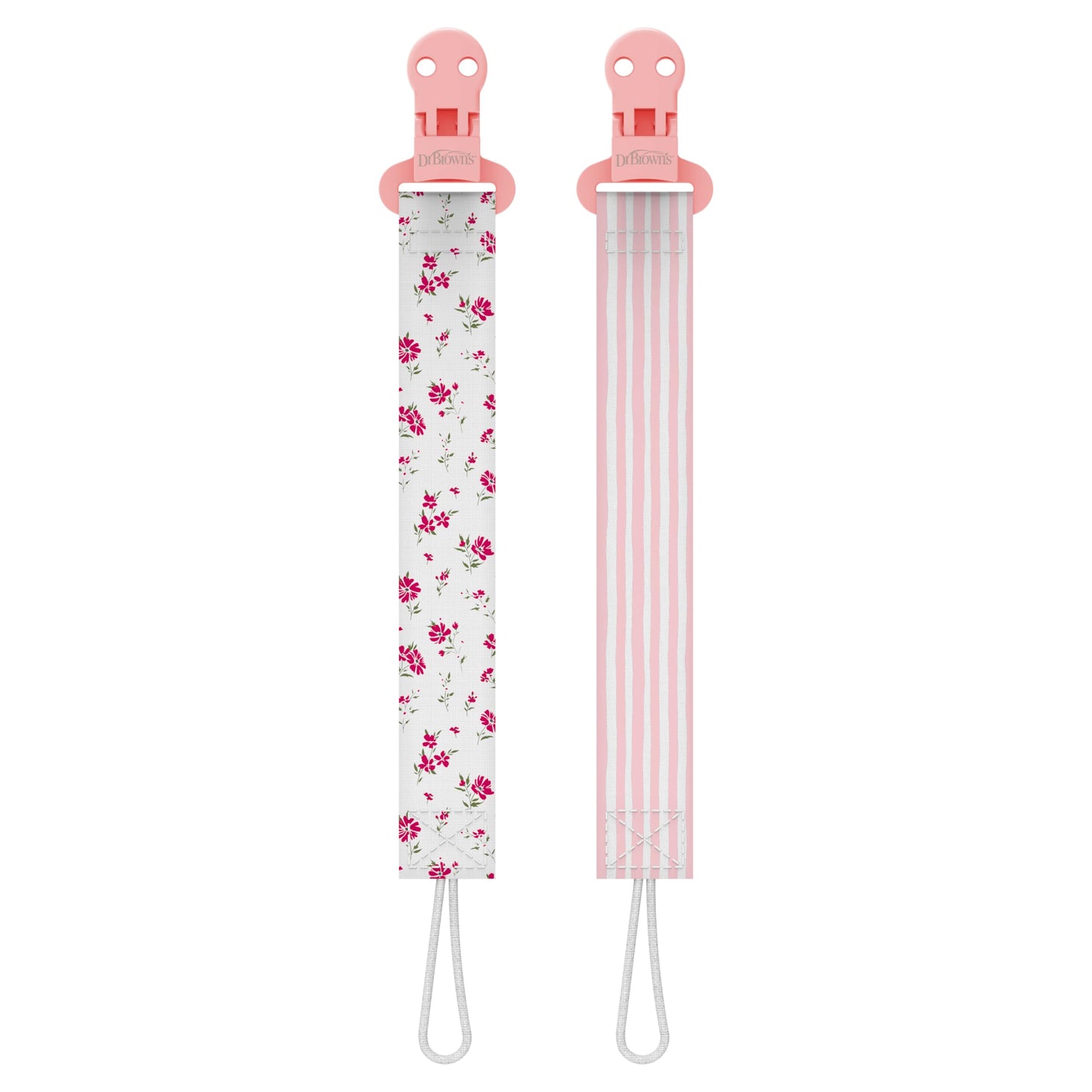 Dr. Browns Pacifier Clips, Universal Fit Fabric Strap for Pacifiers, Flowers and Stripes, BPA-Free, 0-18 Months, 2-Pack