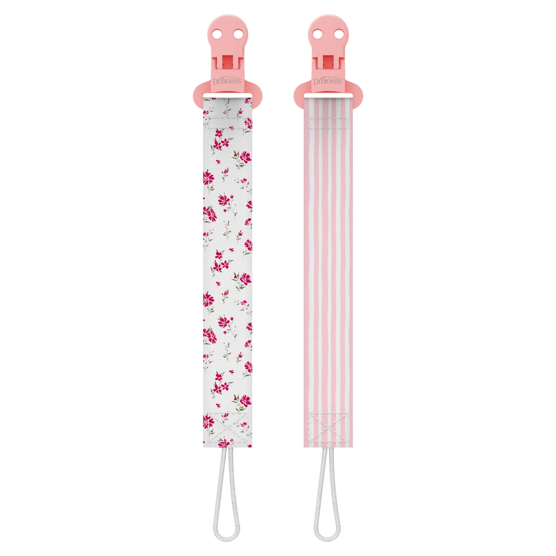 Dr. Browns Pacifier Clips, Universal Fit Fabric Strap for Pacifiers, Flowers and Stripes, BPA-Free, 0-18 Months, 2-Pack