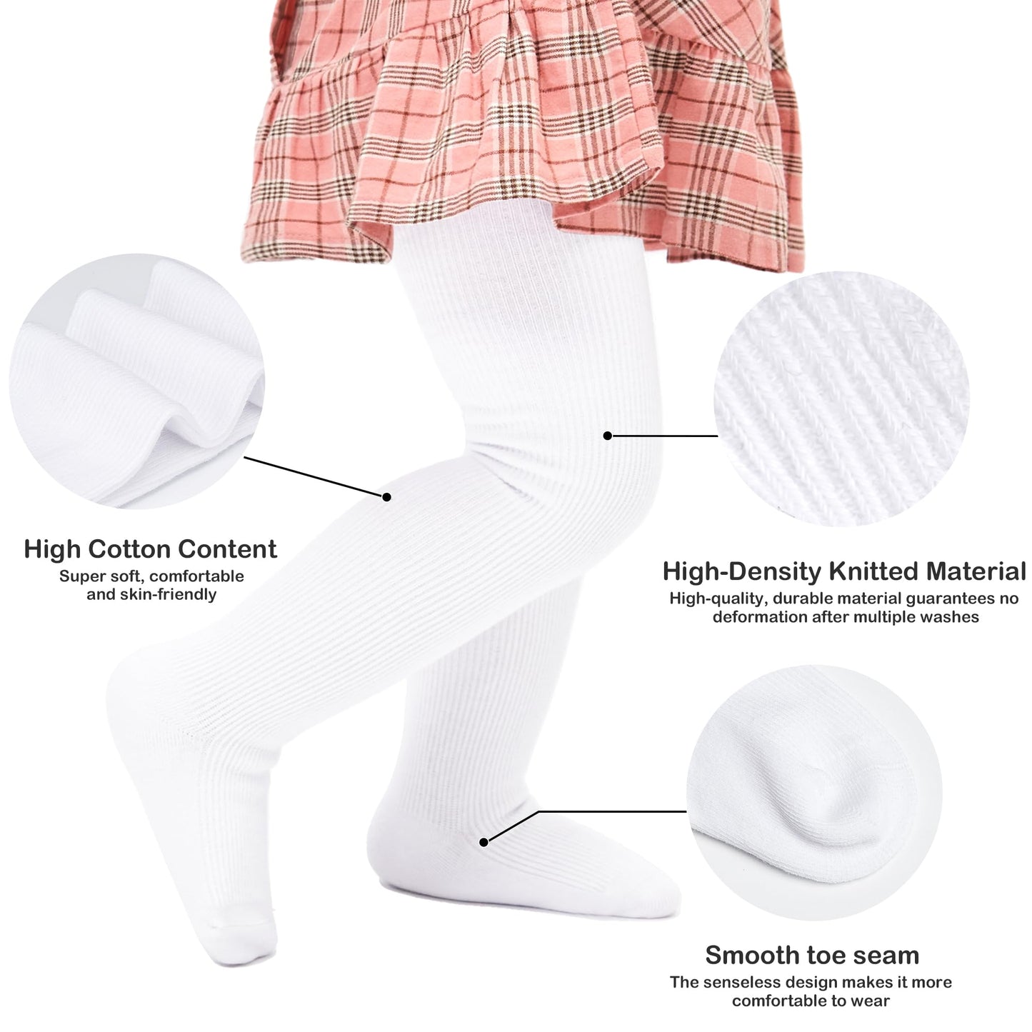 Stelle Toddler Girls Tights Baby Seamless Knit Thick Cotton Leggings Pantyhose(Infants/Kids/Childern)(3-Pack-White,Xxs)