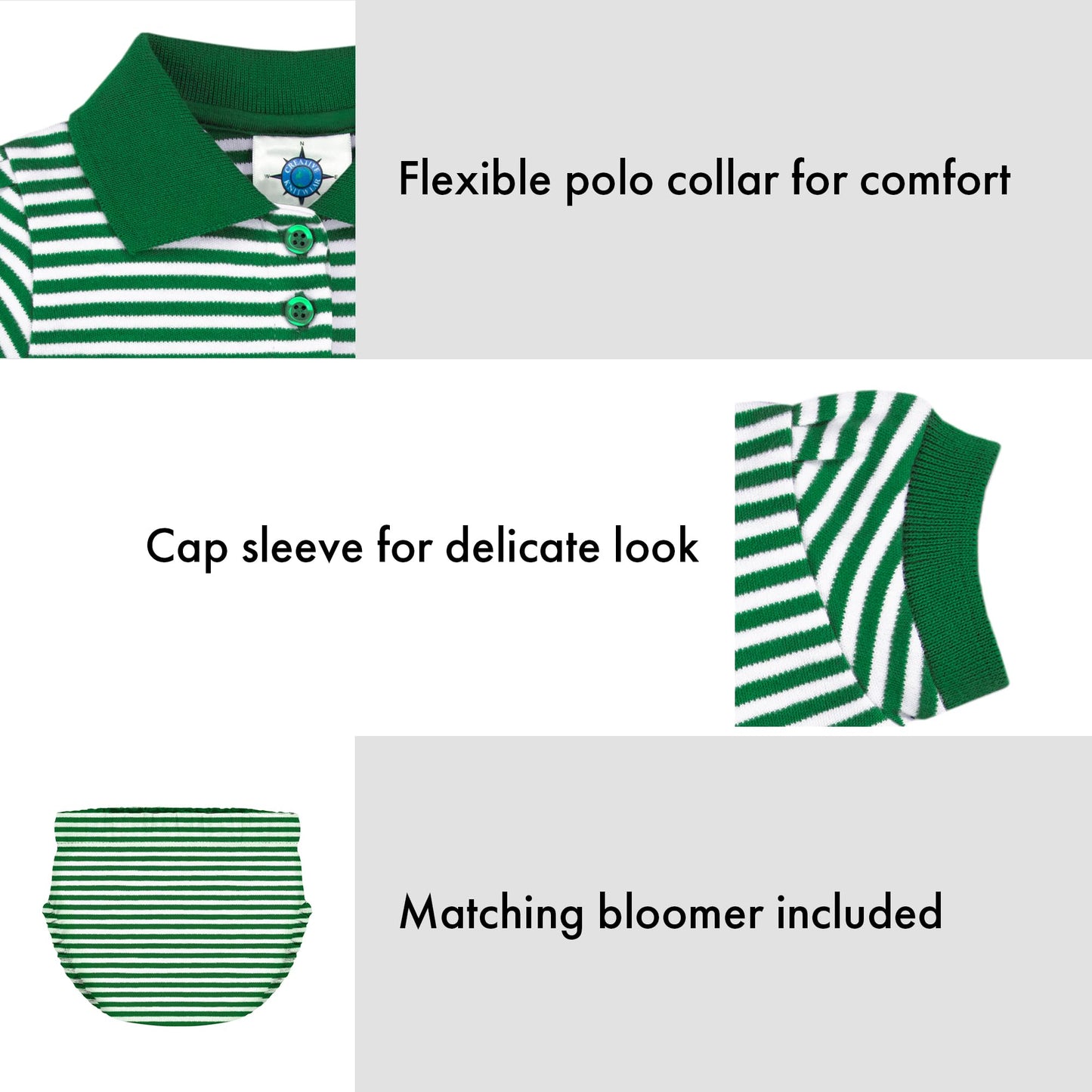 College Baby Striped Game Day Polo Dress With Bloomer - North Dakota Fighting Hawks Logo - Kelly/White - 3-6 Months