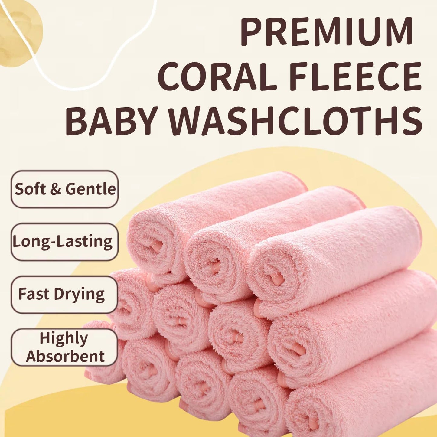 Mukin Baby Washcloths Set - 12 Pack 12X12 Inches Microfiber Coral Fleece Face Towel For Newborns, Infant, Toddlers Or Kids. Ultr