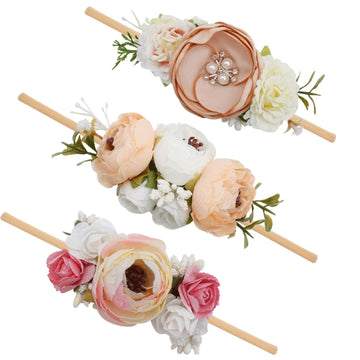 Mligril Baby Girl Floral Headbands Set - 3Pcs Flower Crown Elastic Hairband Newborn Toddler Hair Accessories Christmas Gifts For