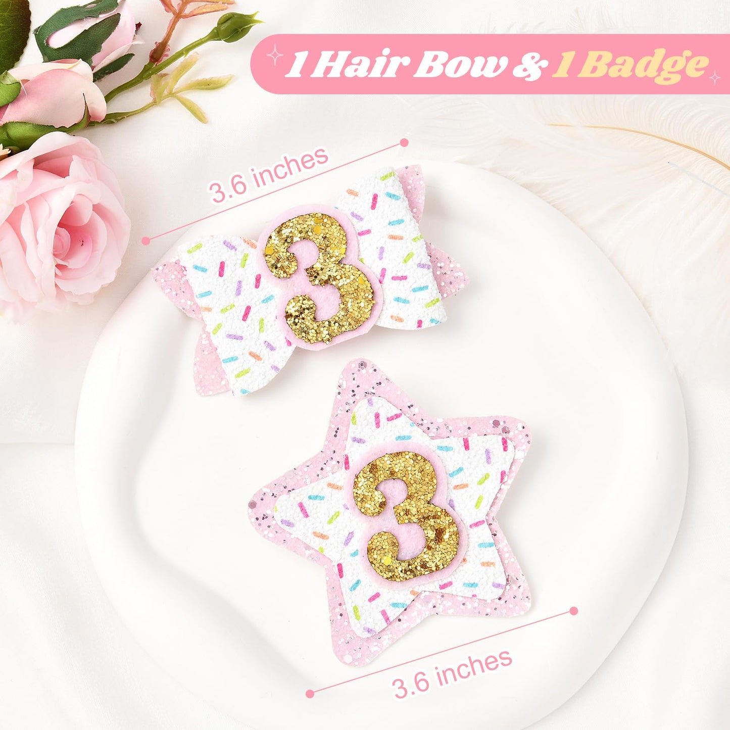 Deeka 3Rd Birthday Hair Bow And Badge Set For Girl - Glitter Pink And White Hair Clips For 3 Year Girl Party Decoration - Toddle