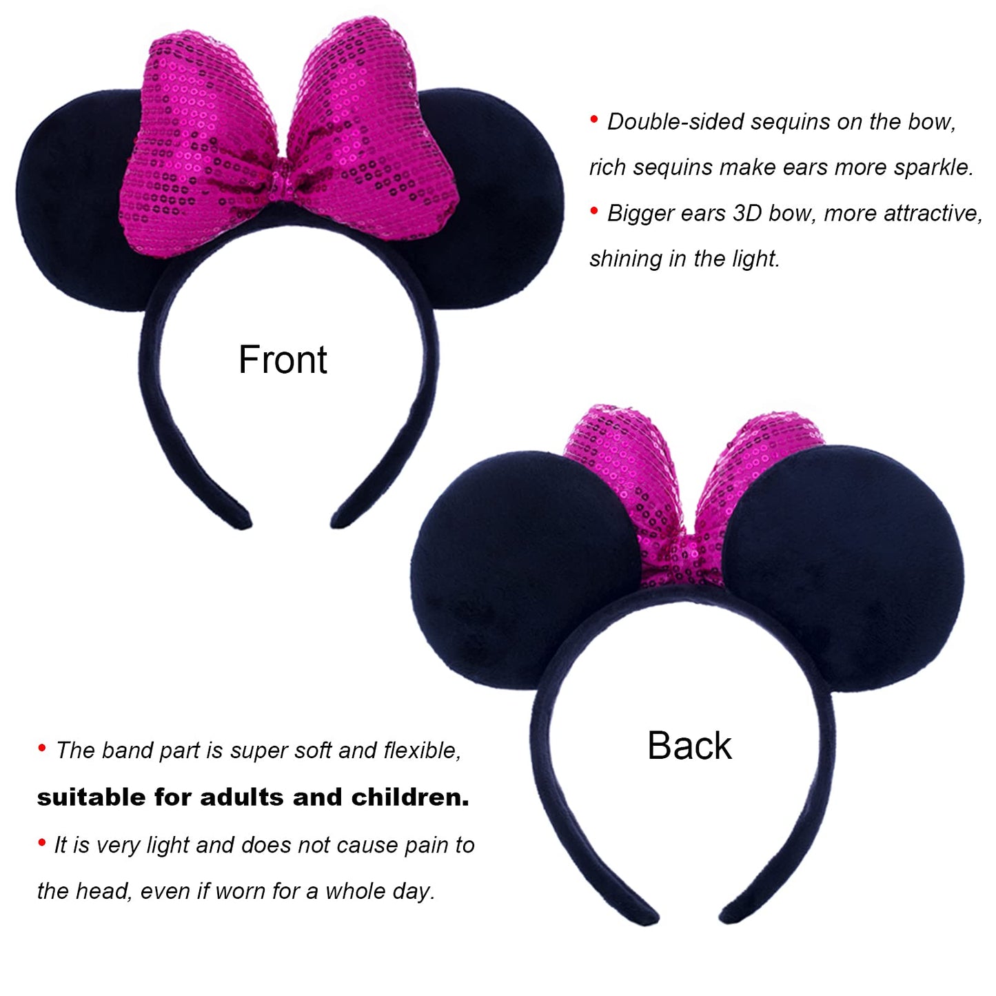 Chuangqi 1Pcs Mouse Ears Shiny Headband With 3D Bow, Hair Band Double-Sided Sequin Bow For Birthday Party Or Amusement Park (3D
