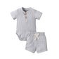 Newborn Baby Boy Girl Clothes Ribbed Knitted Cotton Short Sleeve Romper Shorts Set Solid Color Infant Summer Outfits (A- Grey, 3