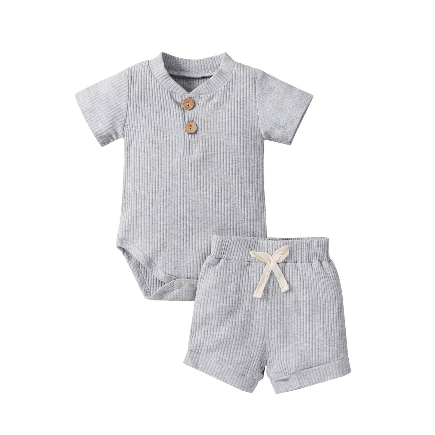 Newborn Baby Boy Girl Clothes Ribbed Knitted Cotton Short Sleeve Romper Shorts Set Solid Color Infant Summer Outfits (A- Grey, 3