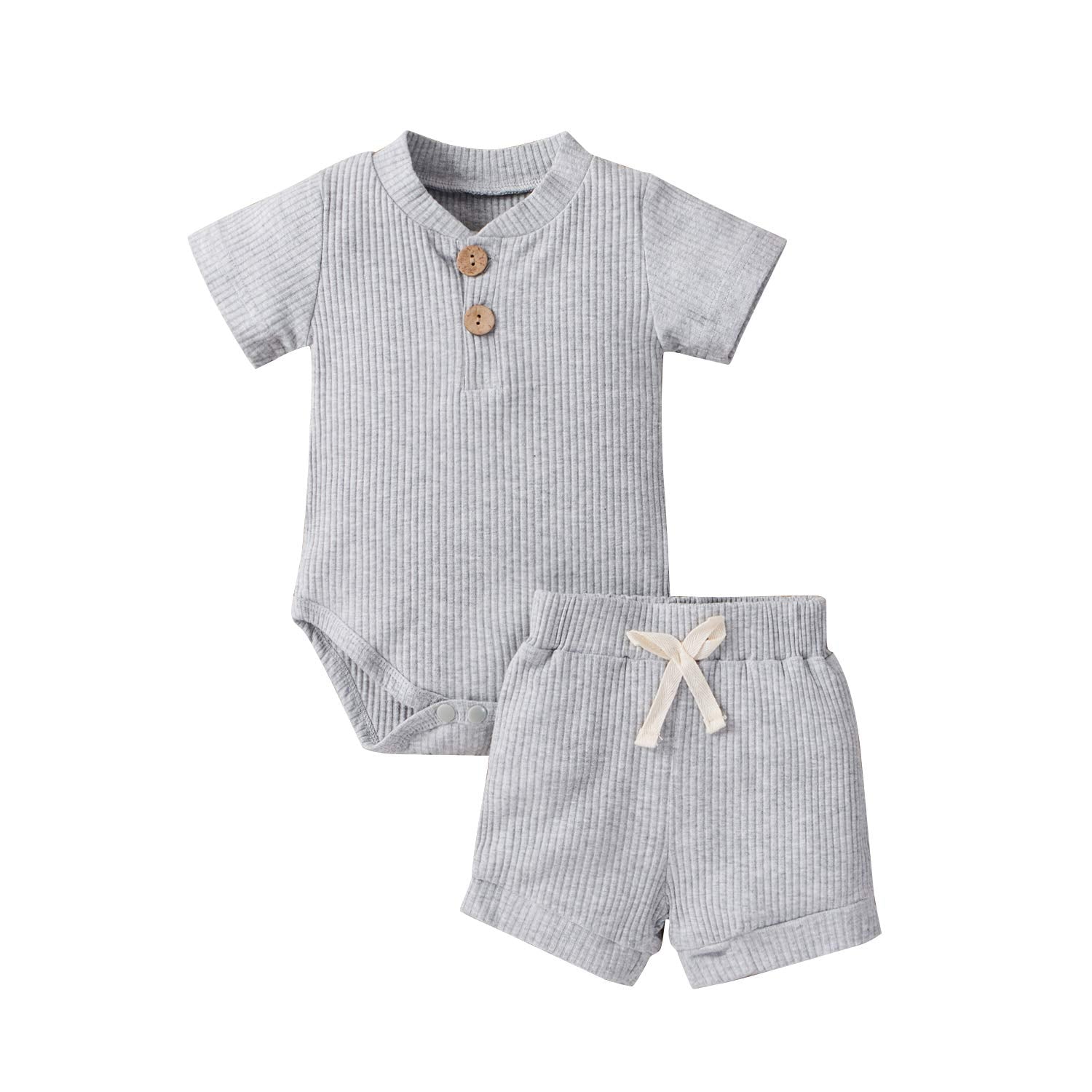 Newborn Baby Boy Girl Clothes Ribbed Knitted Cotton Short Sleeve Romper Shorts Set Solid Color Infant Summer Outfits (A- Grey, 3