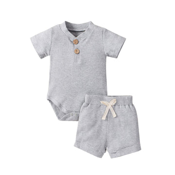 Newborn Baby Boy Girl Clothes Ribbed Knitted Cotton Short Sleeve Romper Shorts Set Solid Color Infant Summer Outfits (A- Grey, 3