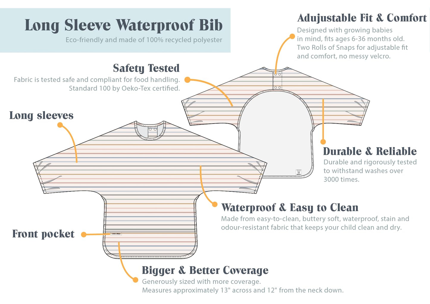 Loulou Lollipop Long Sleeve Mess Free Waterproof Bibs, For Baby Boys And Girls 6-36 Months, Machine Washable, Travel Friendly (J