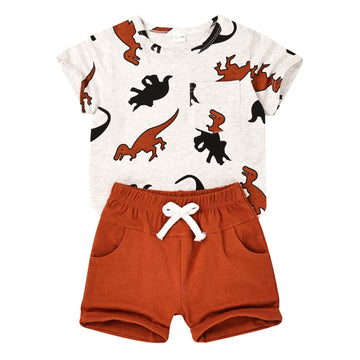 Odimame Toddler Boy Clothes 2T Baby Boy Clothes Summer Outfits Dinosaur T-Shirt Pocket Short Pants Set Brown 2-3T/90Cm