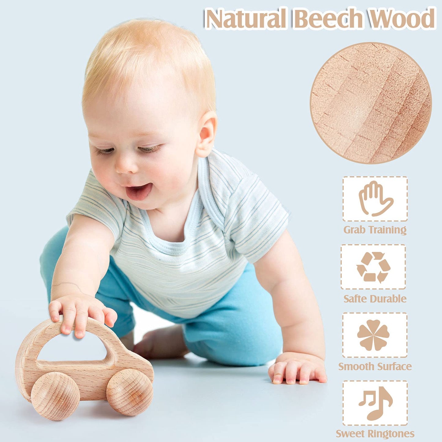 5 Pieces Wooden Baby Toys Wooden Toys for Babies 0-6-12 Months Wood Toys Rattles with Bells Montessori Wood Baby Push Car Wooden