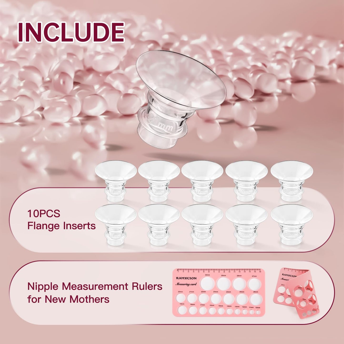 Nipple Ruler, Flange Sizing Kit With 10Pcs Flange Insert 13/15/17/19/21Mm, Silicone & Soft Flange Insert Kit For Breast Pump Rep