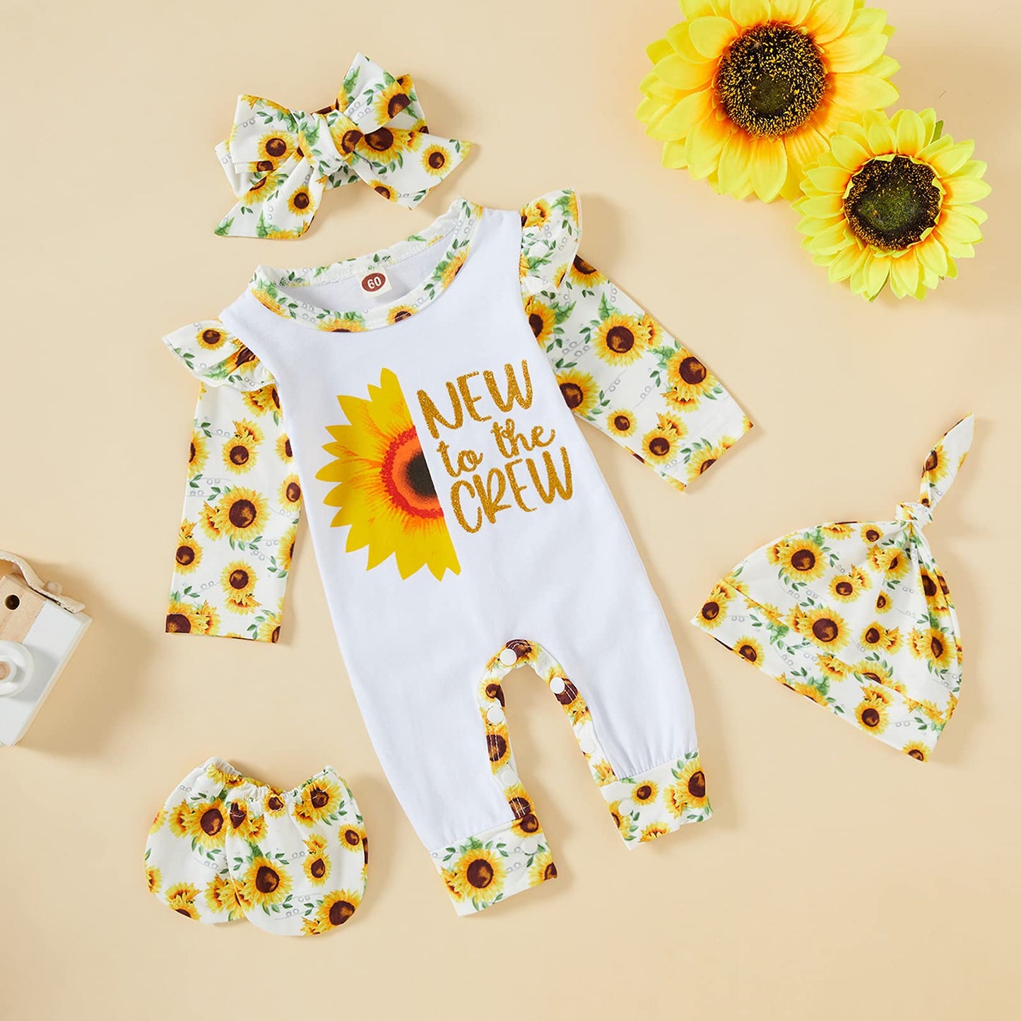 Grnshts Newborn Baby Girl Romper Infant Letter Print Bodysuit Sunflower Jumpsuit+Hat+Headband+Gloves Coming Home Clothes Outfits