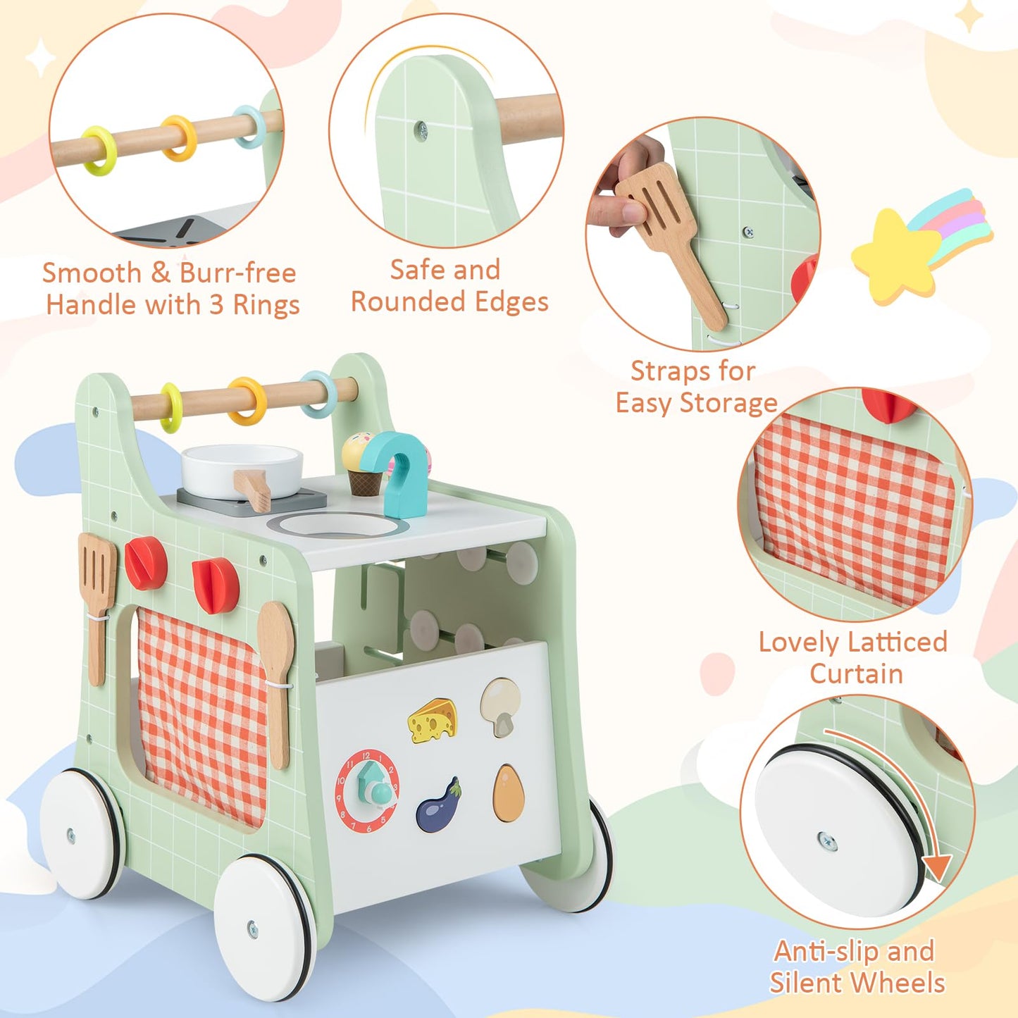 HONEY JOY Baby Push Walker, 6-in-1 Wooden Play Kitchen Walker Activity Center w/Shape Sorter, Develop Motor Skills & Creativity,