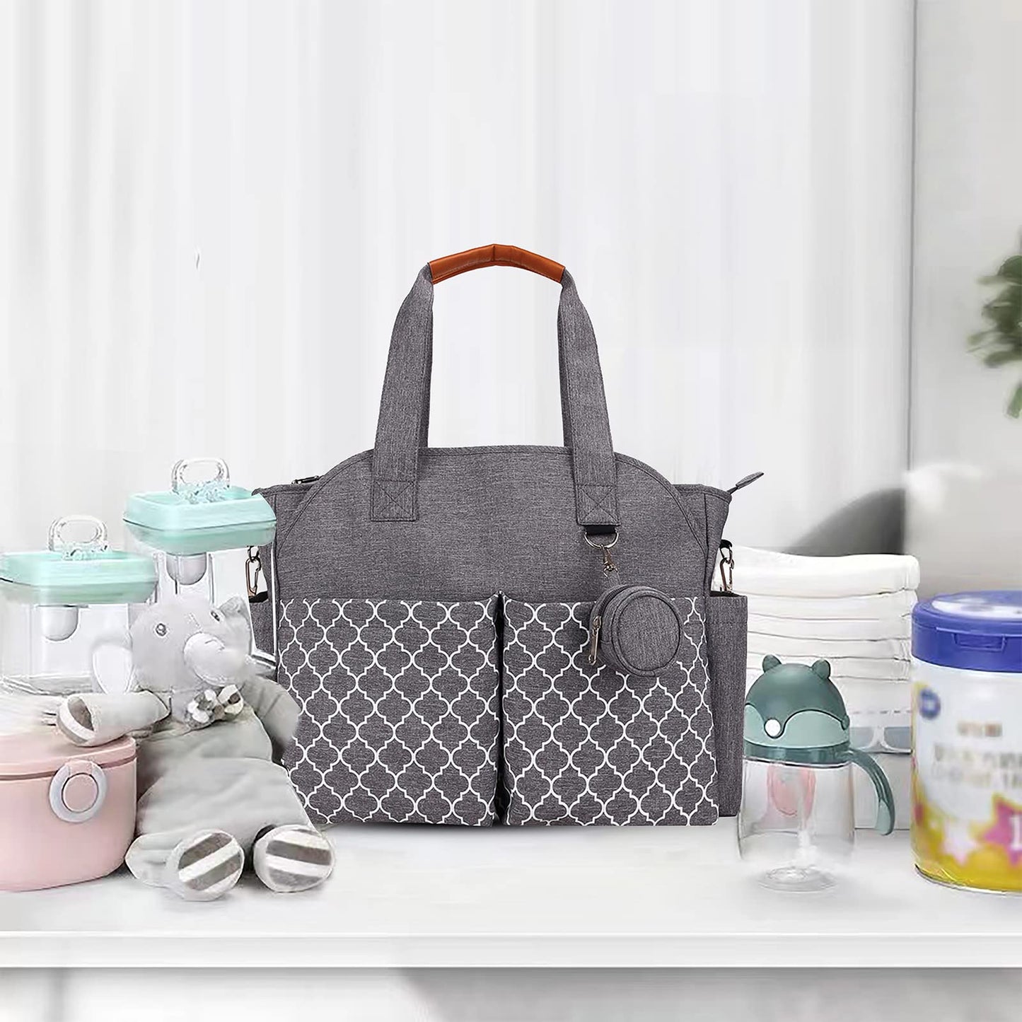 Diaper Bag Tote With Changing Station Upgrade Multi-Function Baby Bag With Adjustable Shoulder Strap Insulated Pockets (Gray)