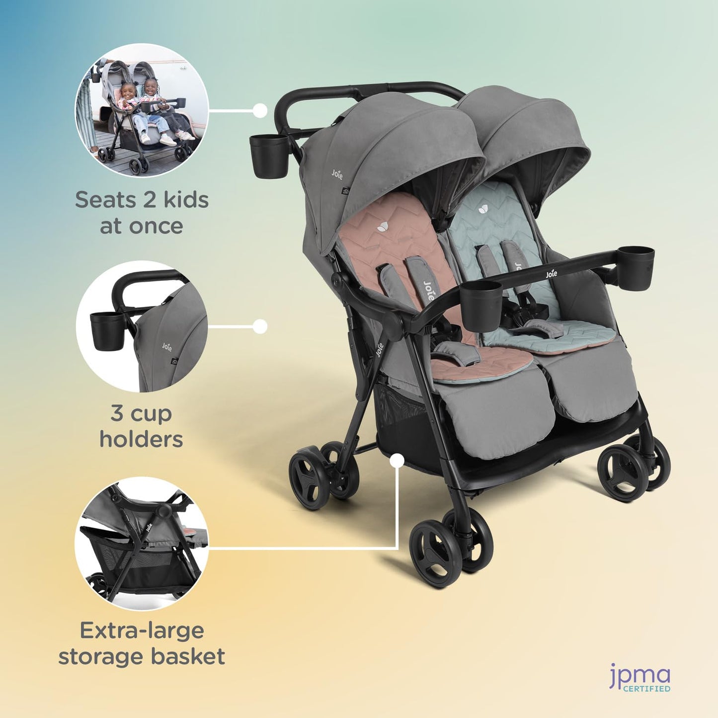 Joie Rosemary Side-By-Side Double Stroller - Lightweight, Compact, And Comfortable Side-By-Side Stroller For Twins Or Siblings