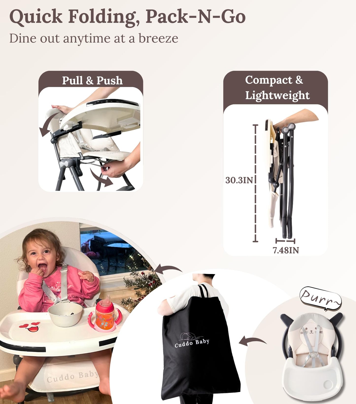 Cuddobaby Purrfect High Chair For Babies & Toddlers, Foldable Highchair With Weld-In-One Stable Base, 5-Point Harness, Large Adj